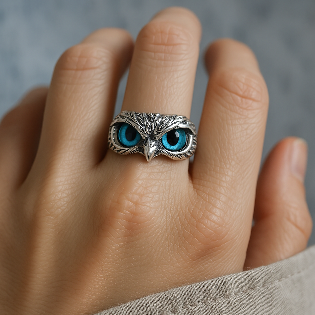 LUCKY OWL RING IN SILVER AND OPAL