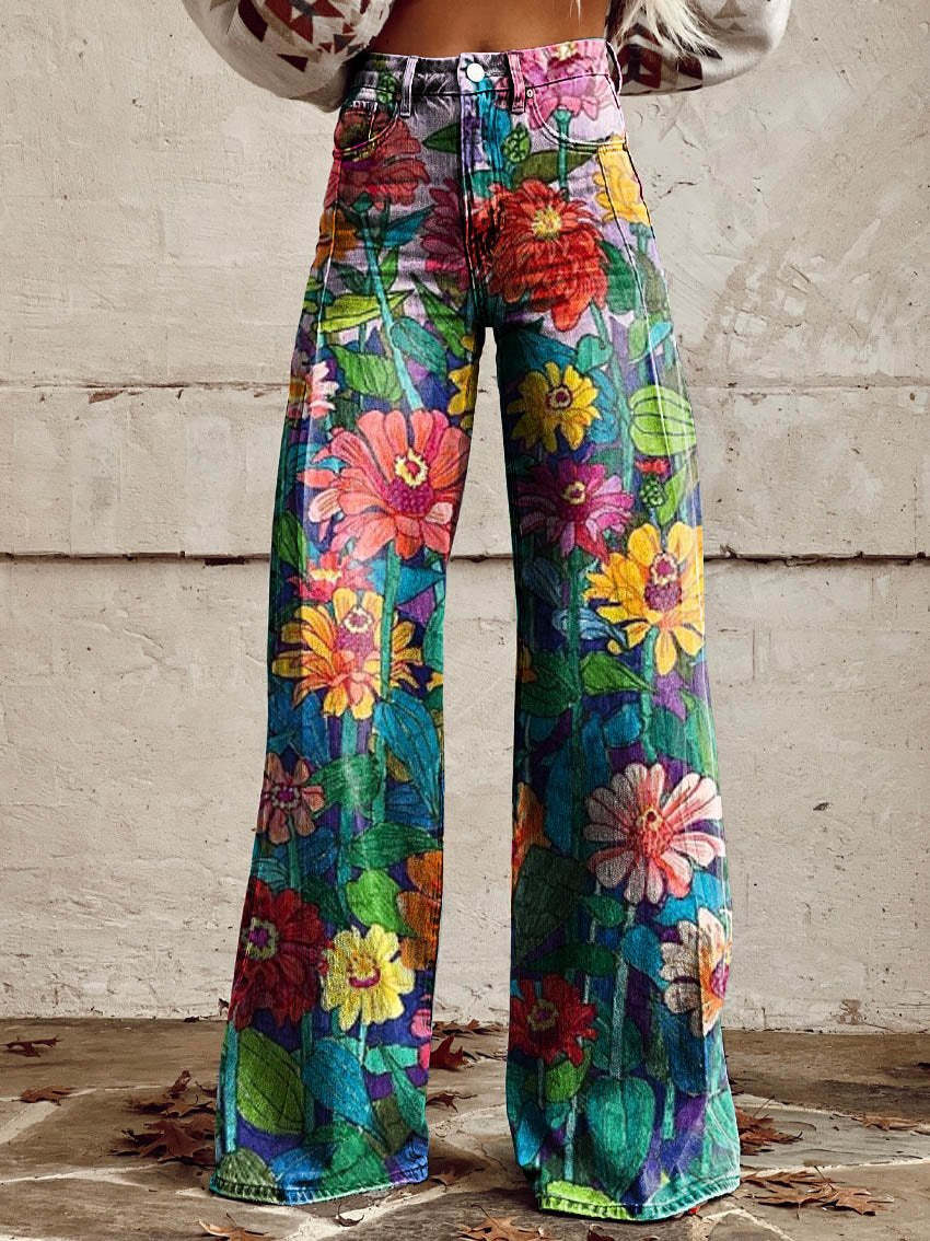 Faith - Chic Vintage Floral Wide-Leg High-Waisted Pants