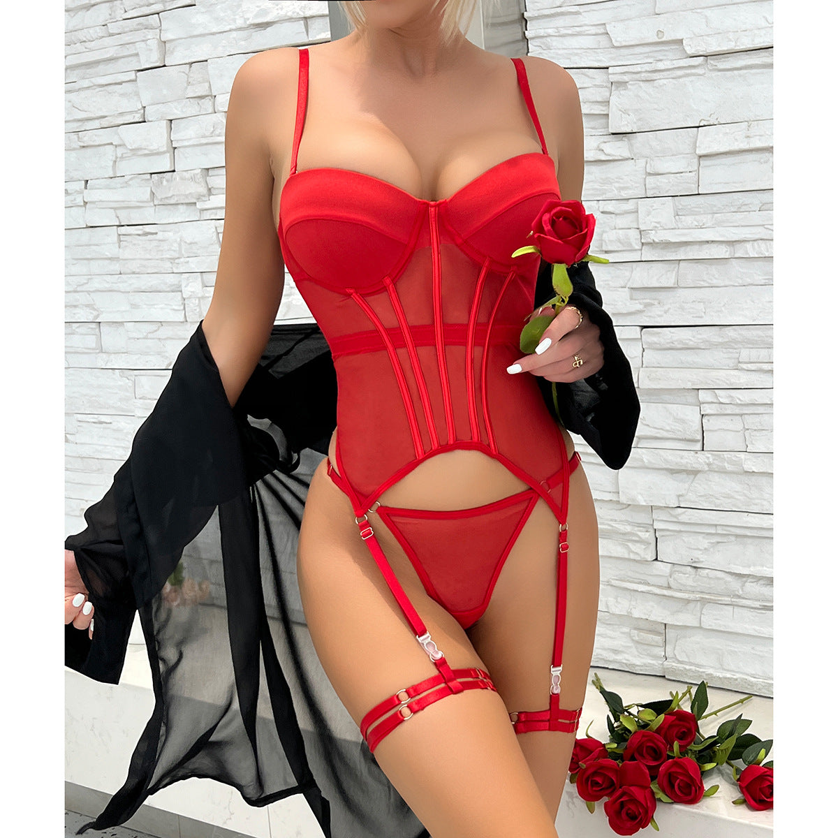 Lilibeth - Seductive Mesh Three Piece Lingerie