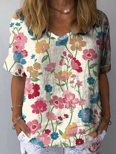 MATILDA | SUMMER BLOSSOM V-NECK FLORAL LINEN TOP