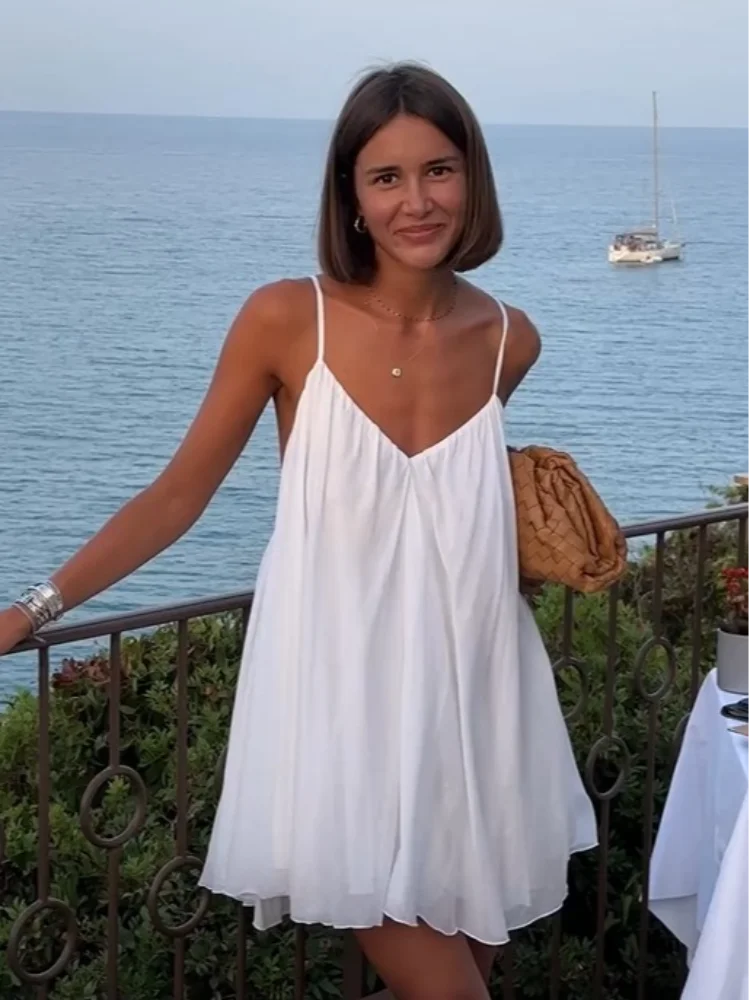 Olive - Pleated V-neck Mini Beach Dress