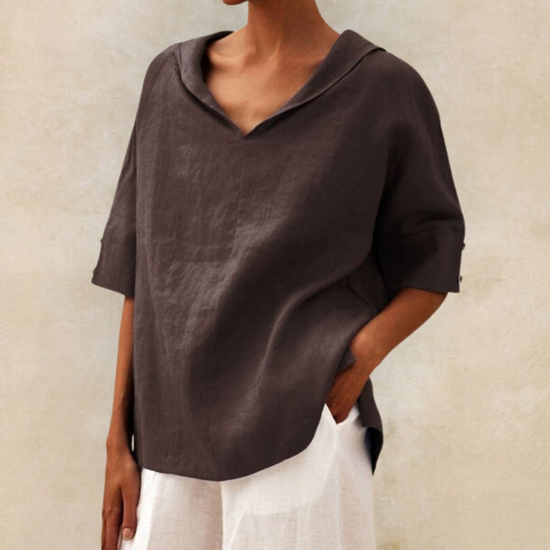 ARLETTE I CLASSIC V-NECK LINEN BLOUSE