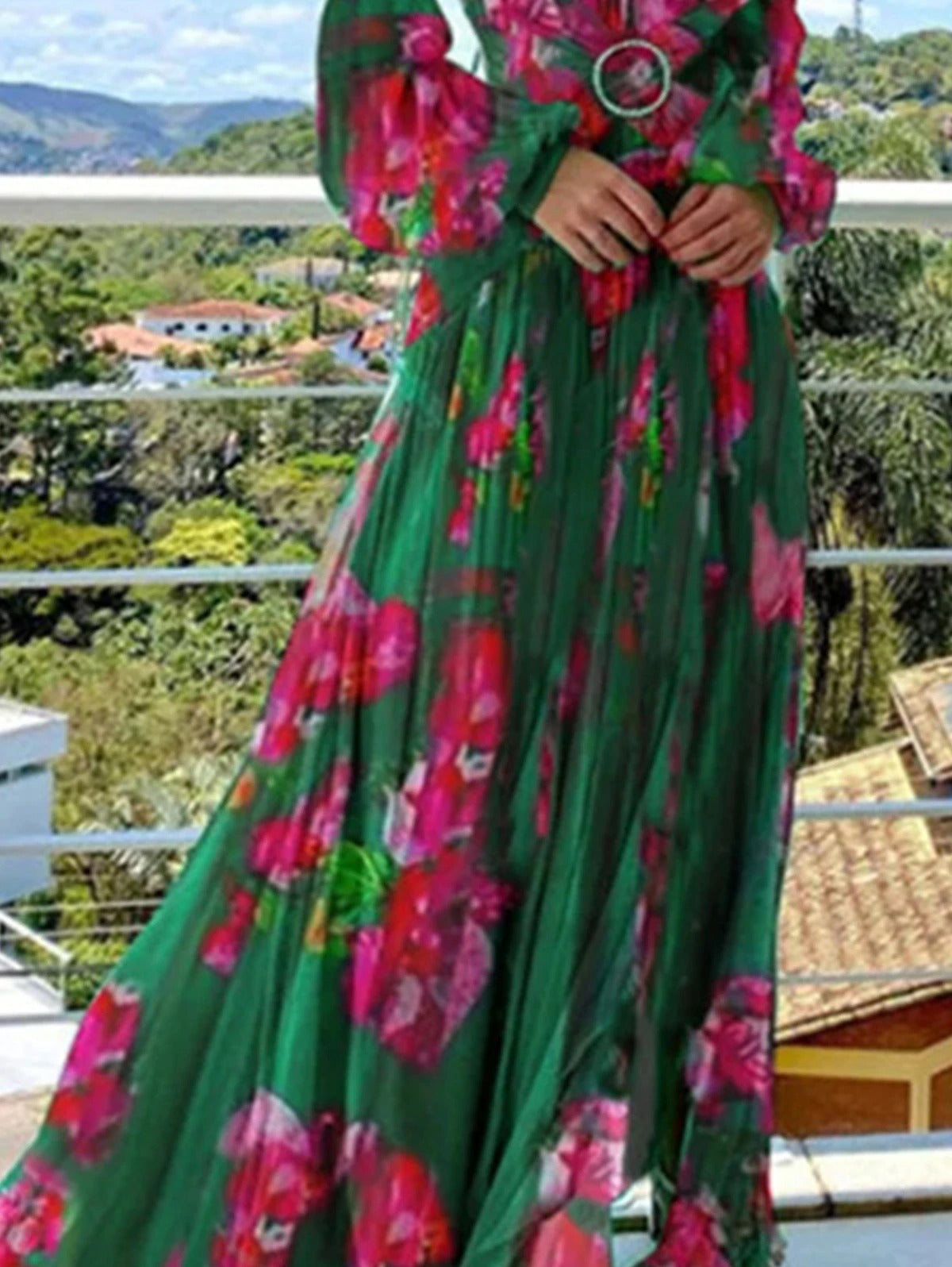 Aiah | V-Neck Floral Printing Lace Up Dress
